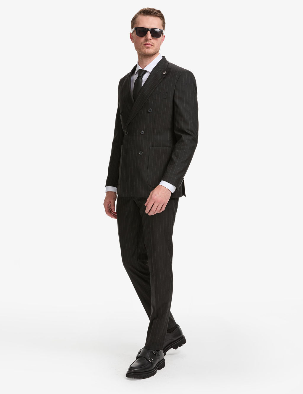 Siyah Ex. Slim Fit _izgili Kruvaze Tak_m Elbise