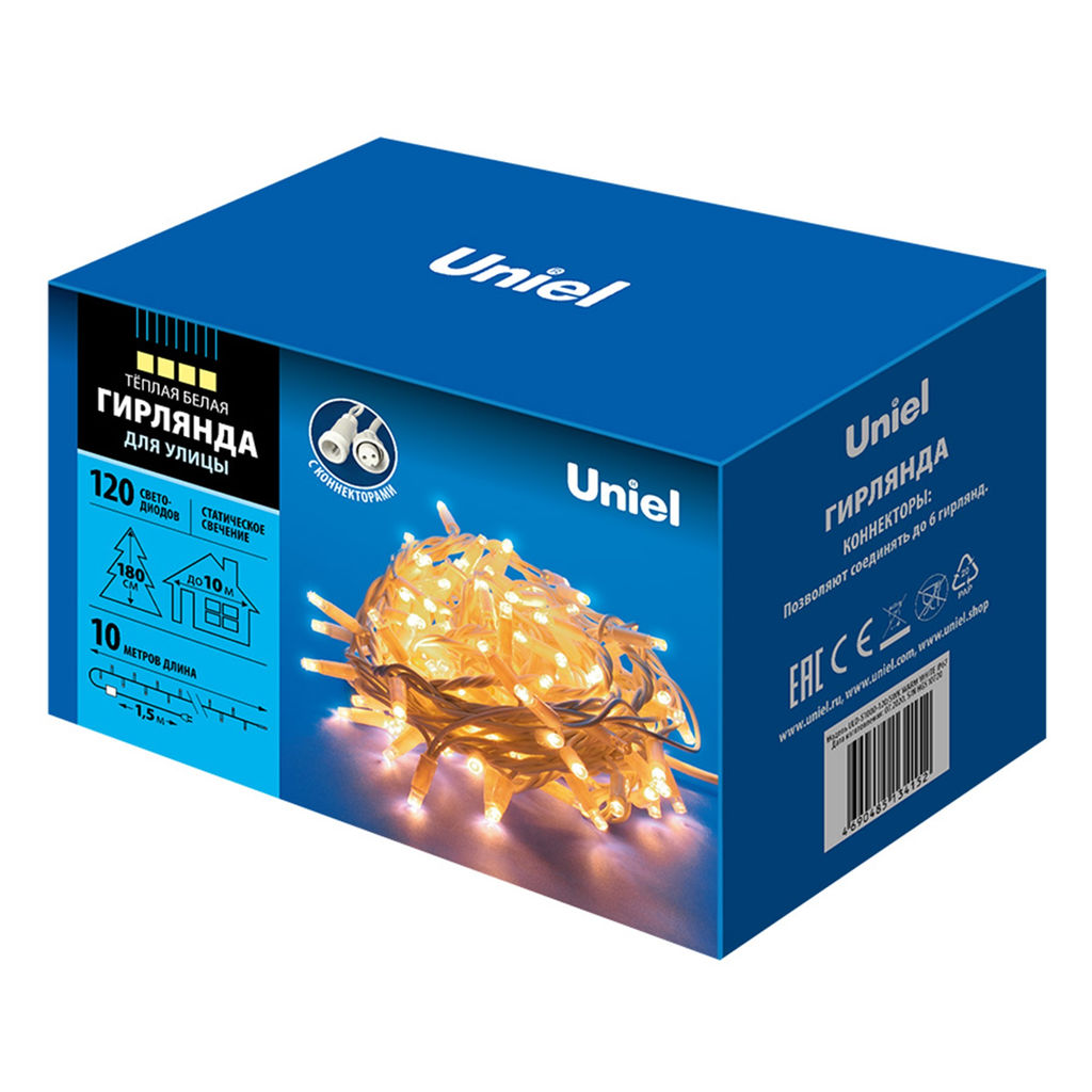 ULD-S1000-120/SWK WARM WHITE IP67 Гирлянда светодиодная со статическим свечением, 10м. Соединяемая.120 светодиодов. Теплый белый свет. Провод белый. ТМ Uniel