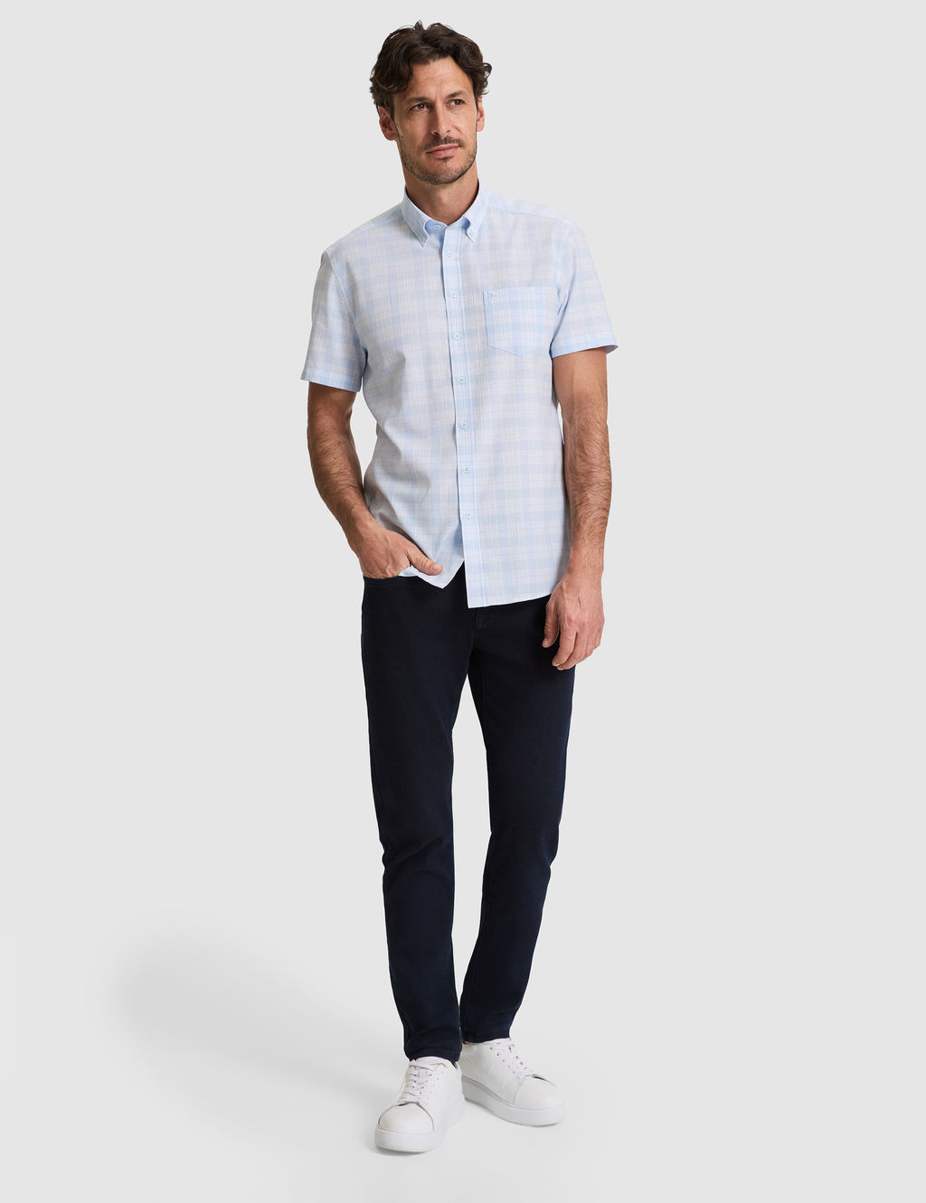 A__k Mavi Regular Fit Kareli K_sa Kollu G_mlek
