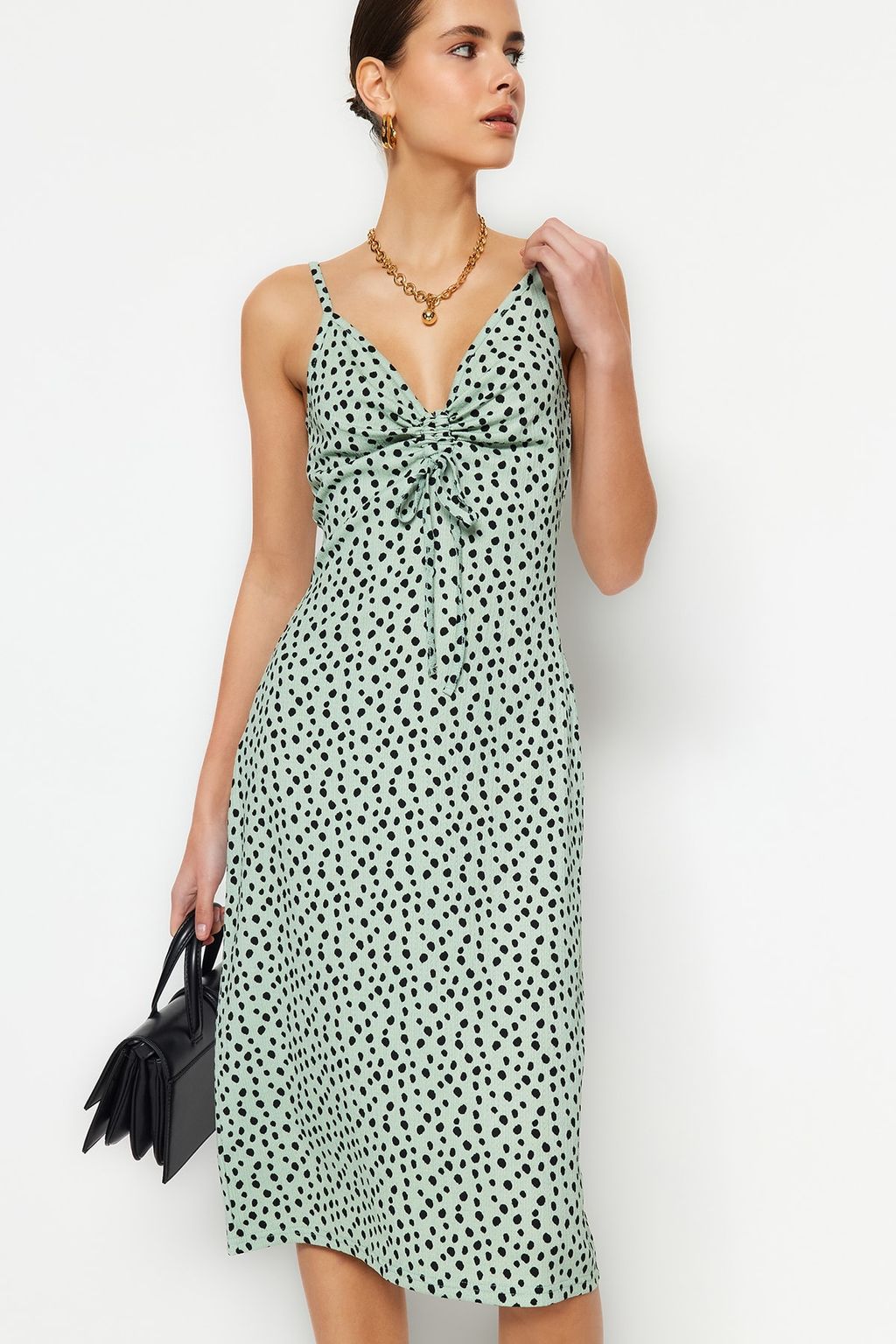 Mint Puantiye Bask?l? Burumcuk Belden Ac?lan/Skater Ask?l? Midi Orme Elbise TWOSS23EL01454