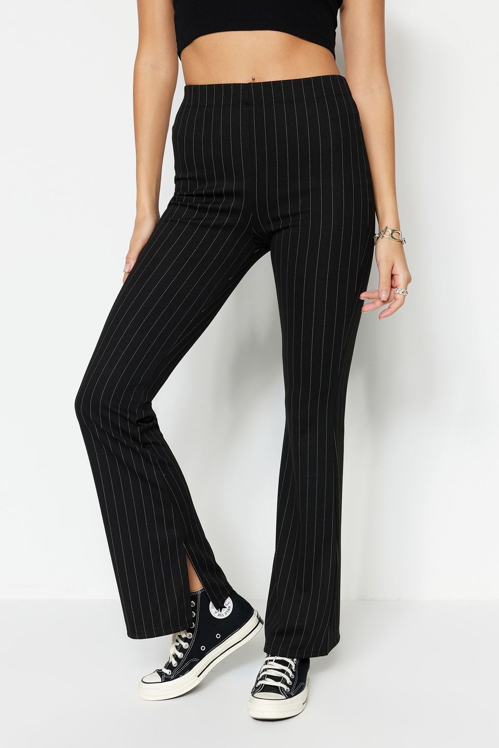 Siyah Smart Y?rtmacl? Flare/Ispanyol Paca Yuksek Bel Cizgili Orme Tayt Pantolon TWOSS23PL00126