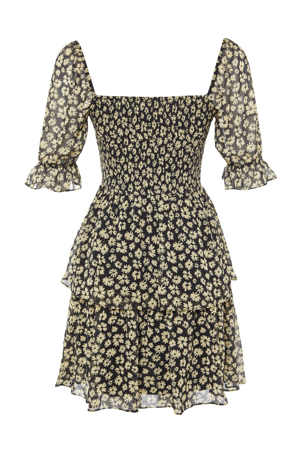 Siyah Cicekli Etegi Volanl? Skater/Belden Ac?lan Sifon Mini Astarl? Dokuma Elbise TWOSS22EL2772