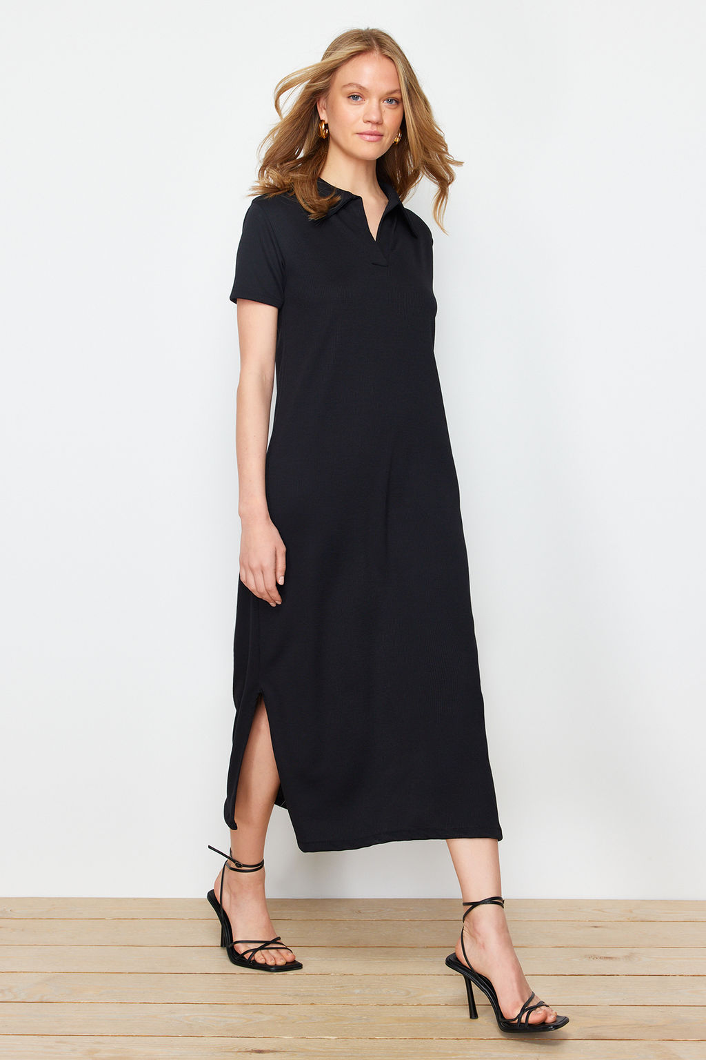 TRENDYOLMILLA Siyah Polo Yaka Shift/Normal Kesim Midi Esnek Orme Elbise TWOSS24EL01012 фото 2