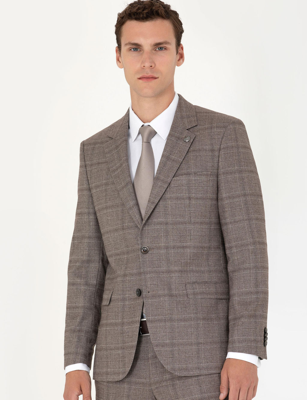 A__k Kahverengi Slim Fit Ekose Tak_m Elbise
