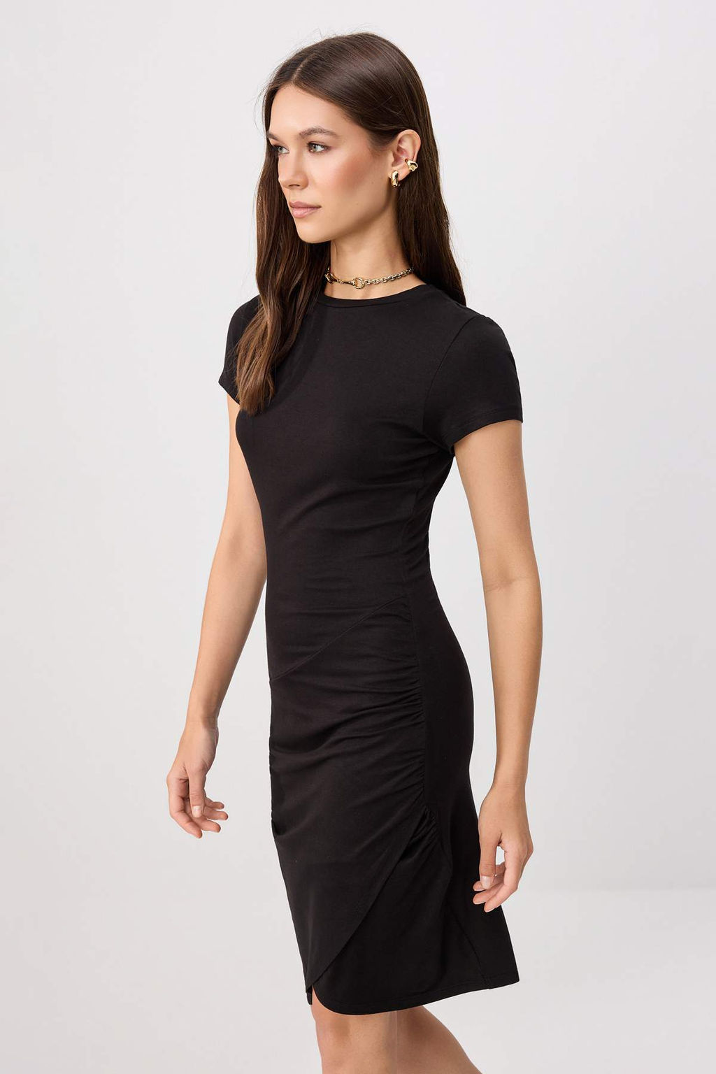 Siyah D_z Bodycon Bisiklet Yaka Standart Kol K_sa Mini Pamuklu Esnek _rme Elbise TWOSS26EL00772 - Trendyolmilla фото 2