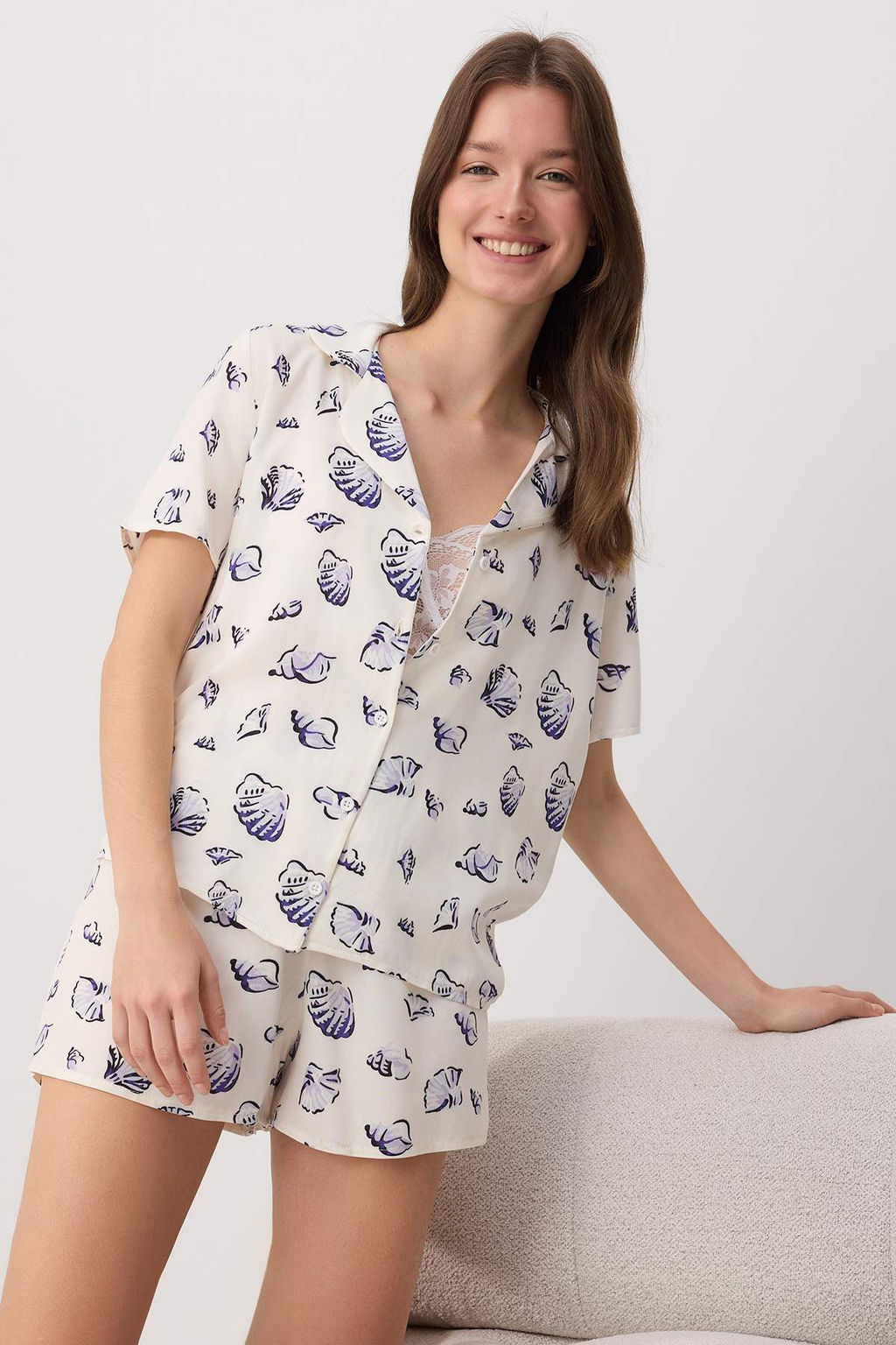 Lacivert Bask?l? Shally Dokuma Pijama Tak?m? THMSS26PT00214