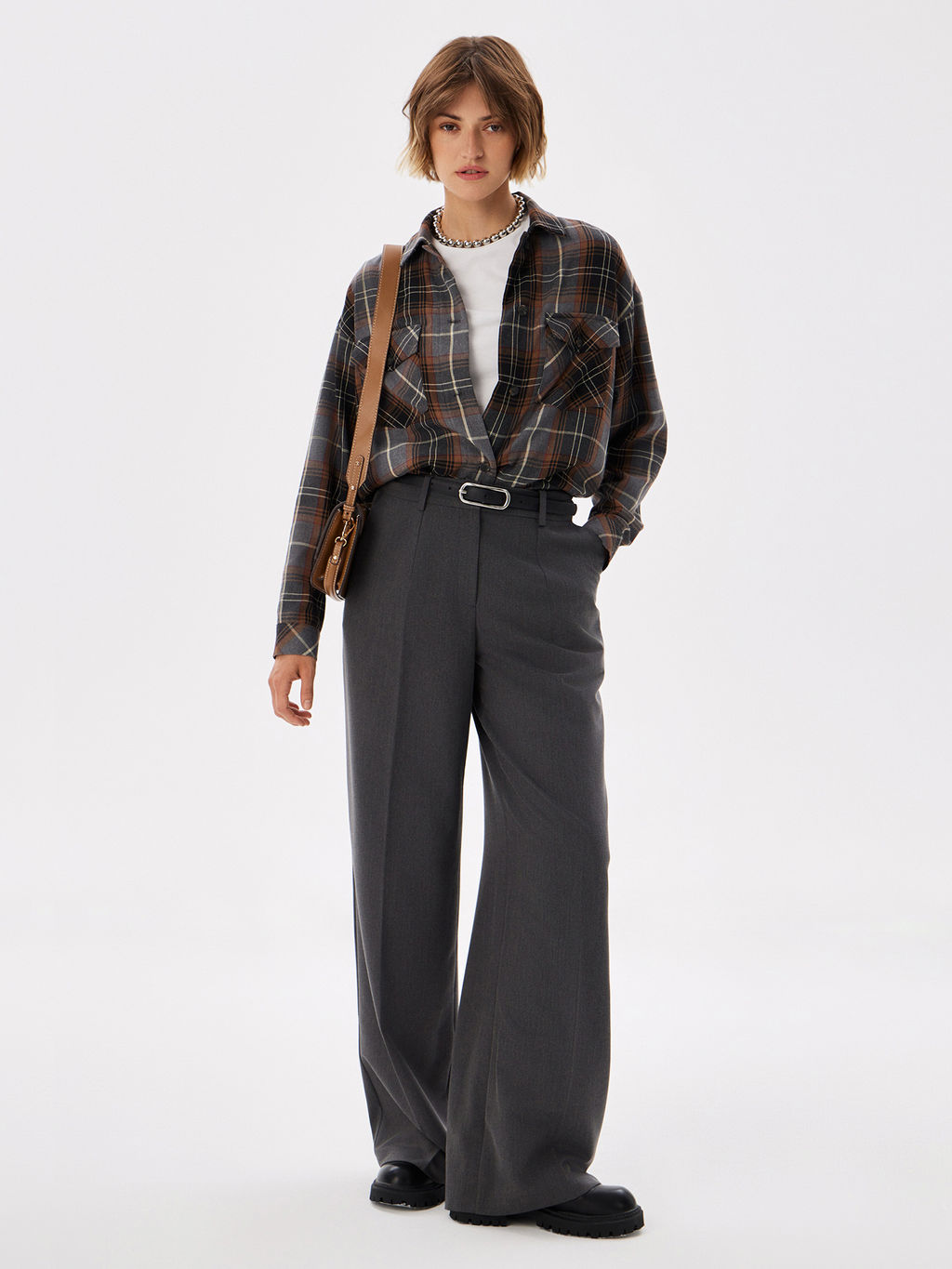 Блузка женская дл. рук. T-lab TL-B-0036F-FR-серо-коричневый, клетка  фото 6