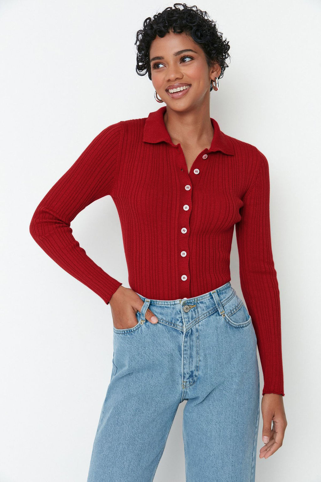 TRENDYOLMILLA Kahverengi Fitilli Polo Yaka Triko H?rka TWOAW20HI0070 фото 4