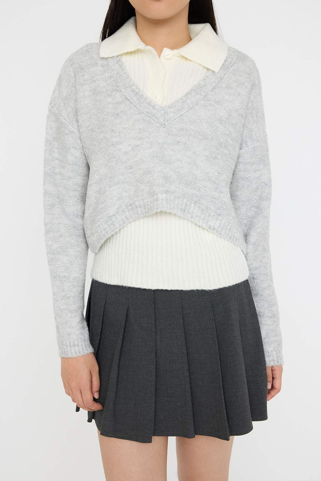 Teen Gri 2li Yumusak Dokulu Ici Fitilli - D?s? Genis Kal?p Crop Triko Kazak TWOAW26HI00139