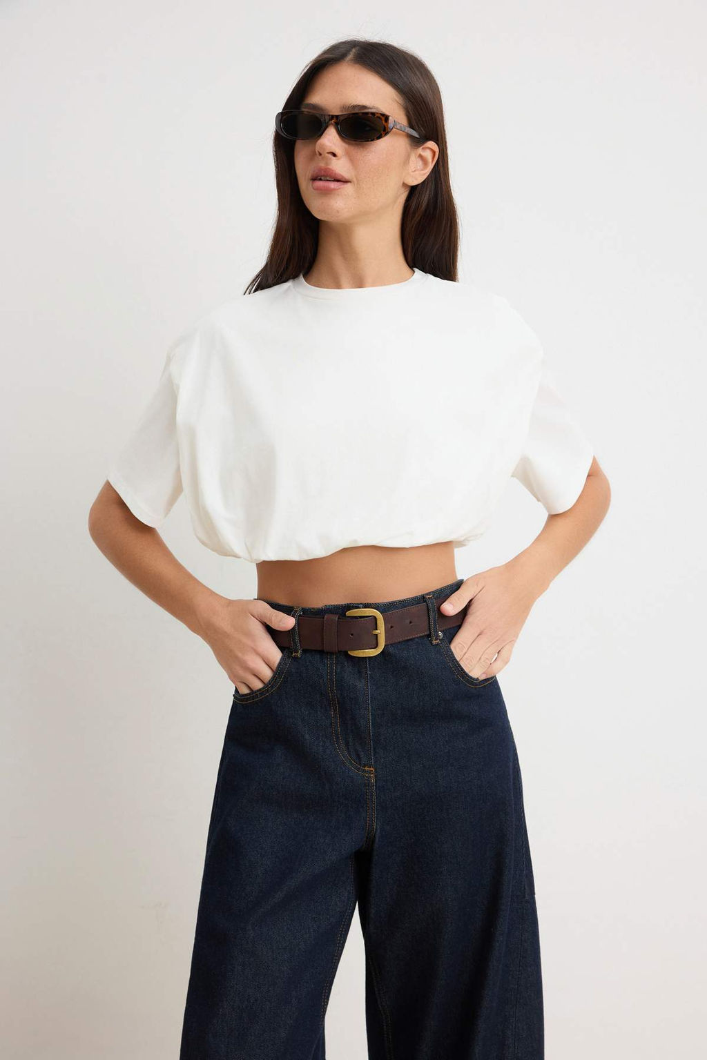 Ekru Boxy K?sa Kollu Buzgulu Super Crop %100 Pamuk Orme T-shirt TWOSS26TS00282 - Trendyolmilla фото 2