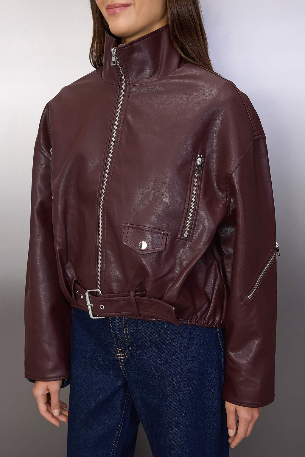 Kahverengi Oversize Kal?p Suni Deri Bomber Ince Ceket Mont TWOAW26MO00053 - Trendyolmilla фото 6