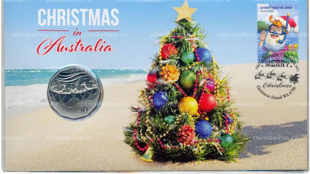 Монета 50 центов 2021 года Австралия  Рождественские украшения (в конверте с маркой)
