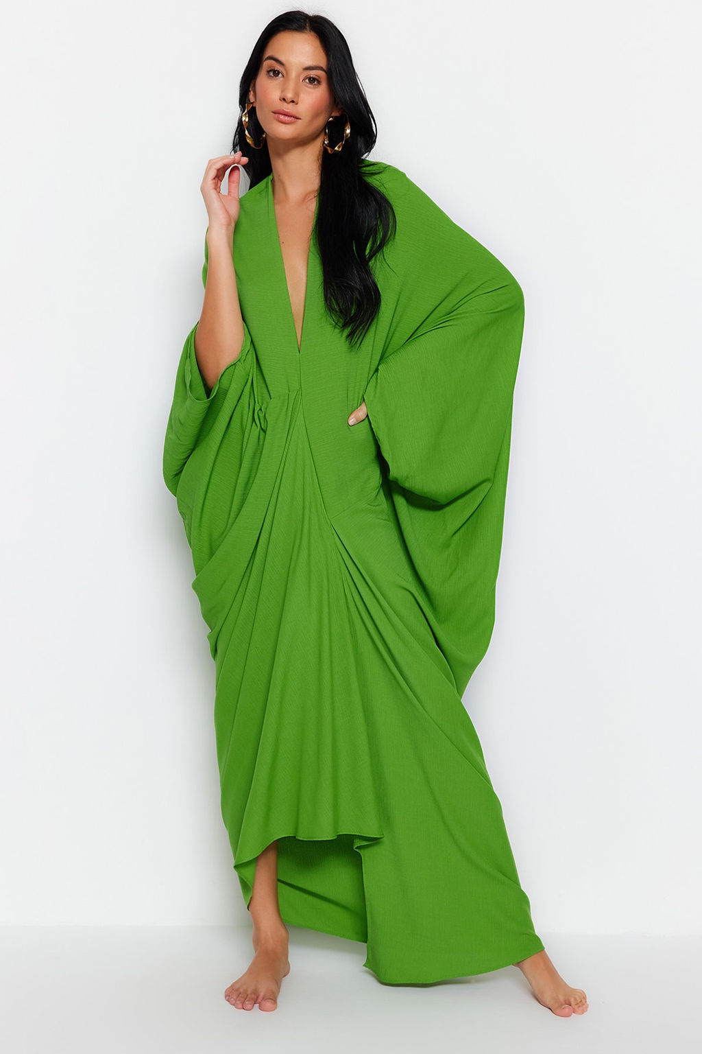 Haki Genis Kal?p Maxi Dokuma Buzgulu Plaj Elbisesi TBESS23EL00274