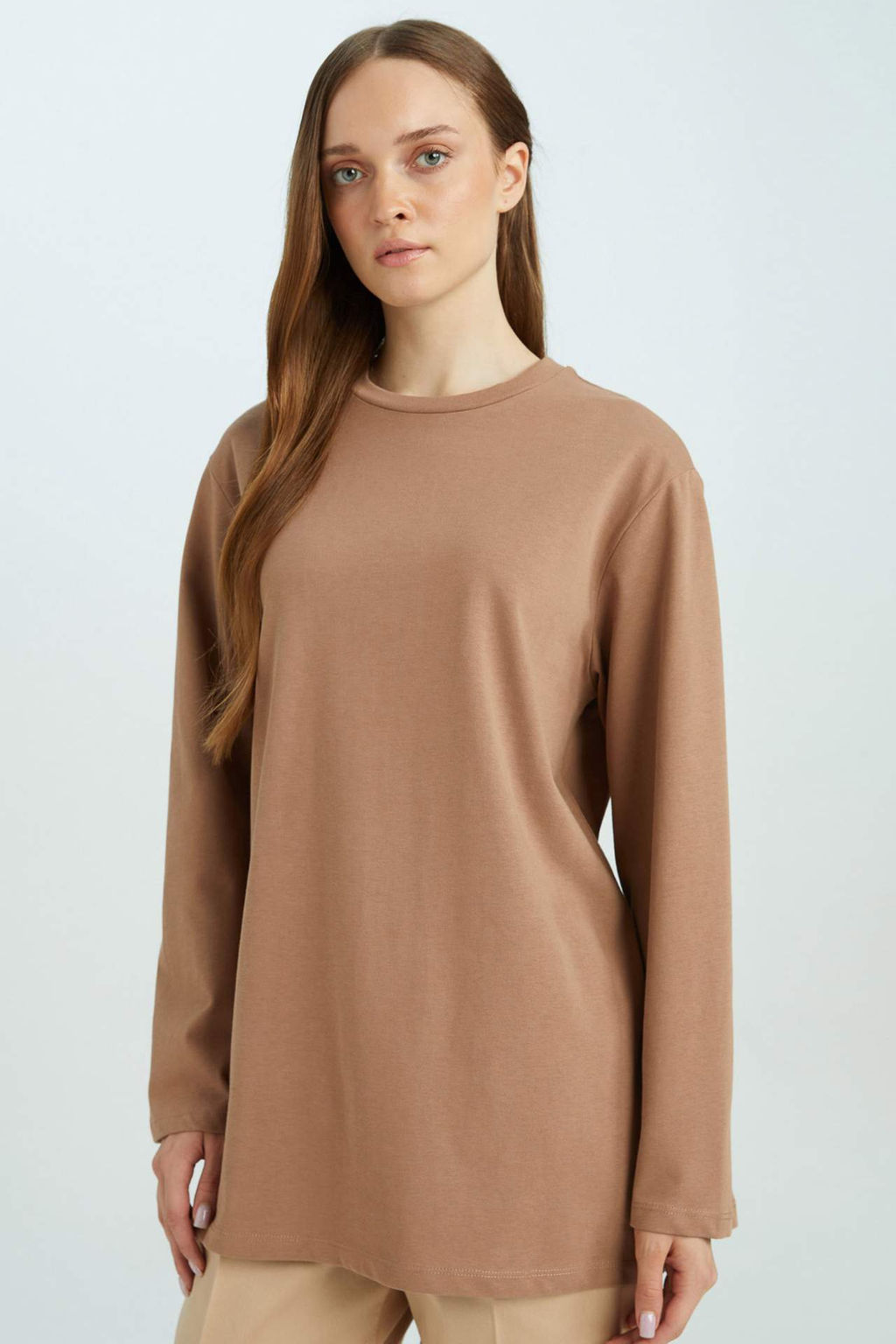 Regular Fit Bisiklet Yaka Basic Duz Uzun Kollu Tisort Tunik - Defacto фото 5