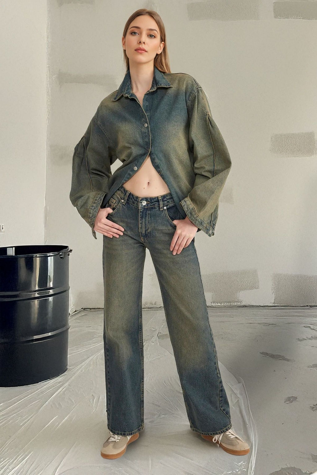 Koyu Mavi Premium Vintage Y?kama Efektli Dusuk Bel Wide Leg Jeans TWOSS25JE00083