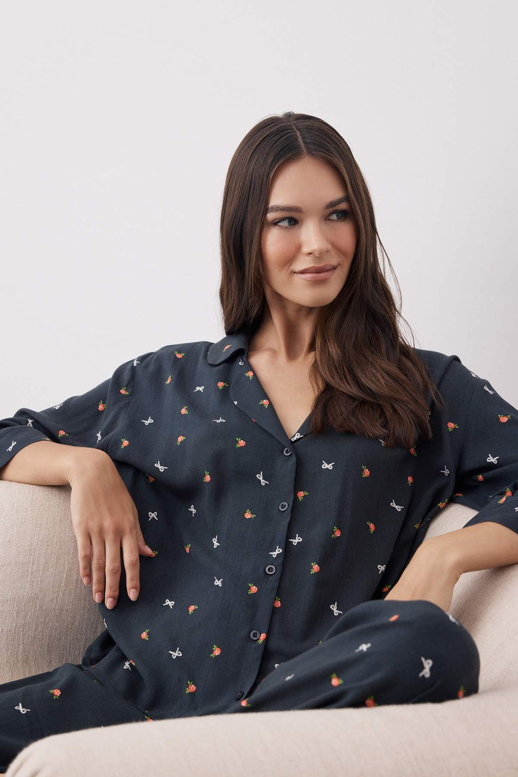 Cok Renkli Kurdele/Fiyonklu ve Cicekli Viskon Dokuma Pijama Tak?m? THMAW26PT00065 - Trendyolmilla фото 2