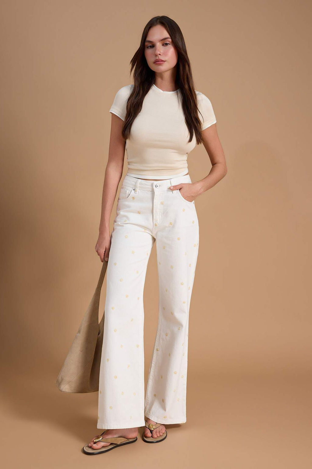 Beyaz Yuksek Bel Wide Leg Cicek Nak?sl? %100 Pamuklu Jeans TWOSS26JE00226 - Trendyolmilla фото 4