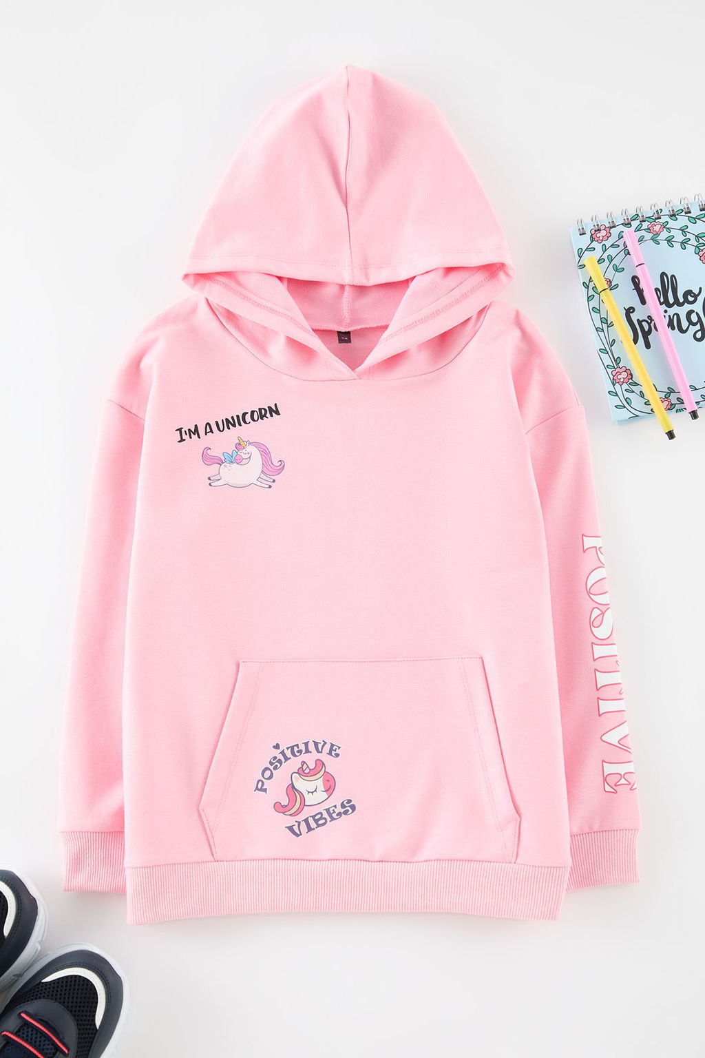 Ac?k Pembe Kapusonlu Mevsimlik Kol Bask?l? K?z Cocuk Duz Orme Sweatshirt TKDAW25SW00130