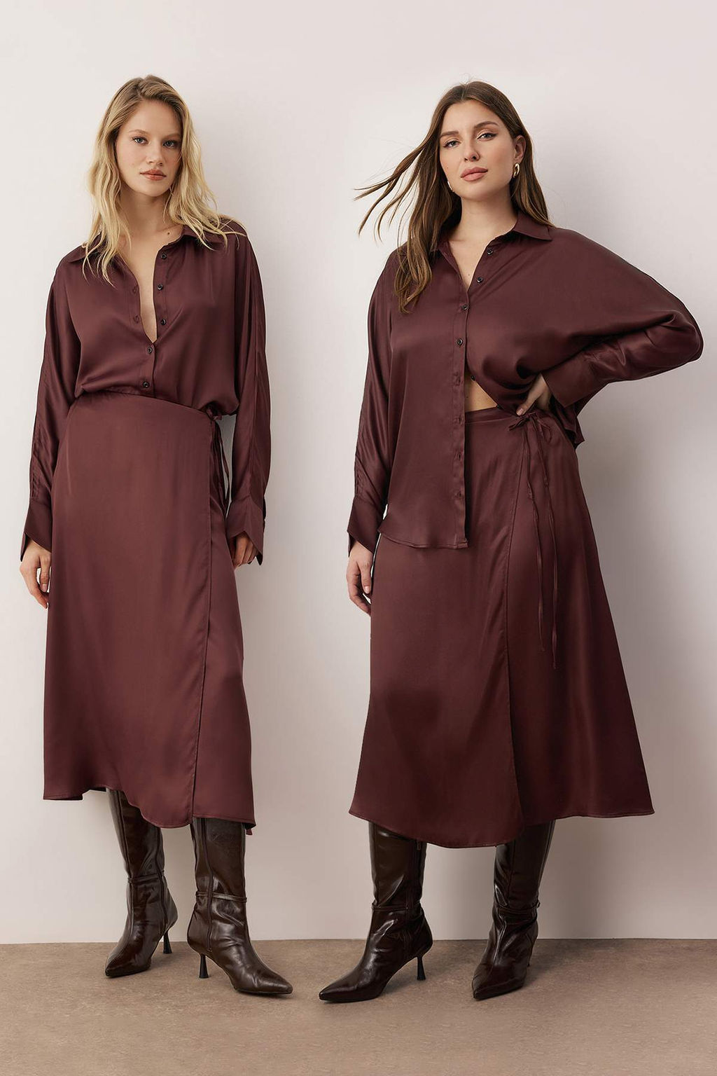 Vucut Secmeyen Kahverengi Baglama Detayl? Dokuma Saten Midi Etek TWOAW26ET00121