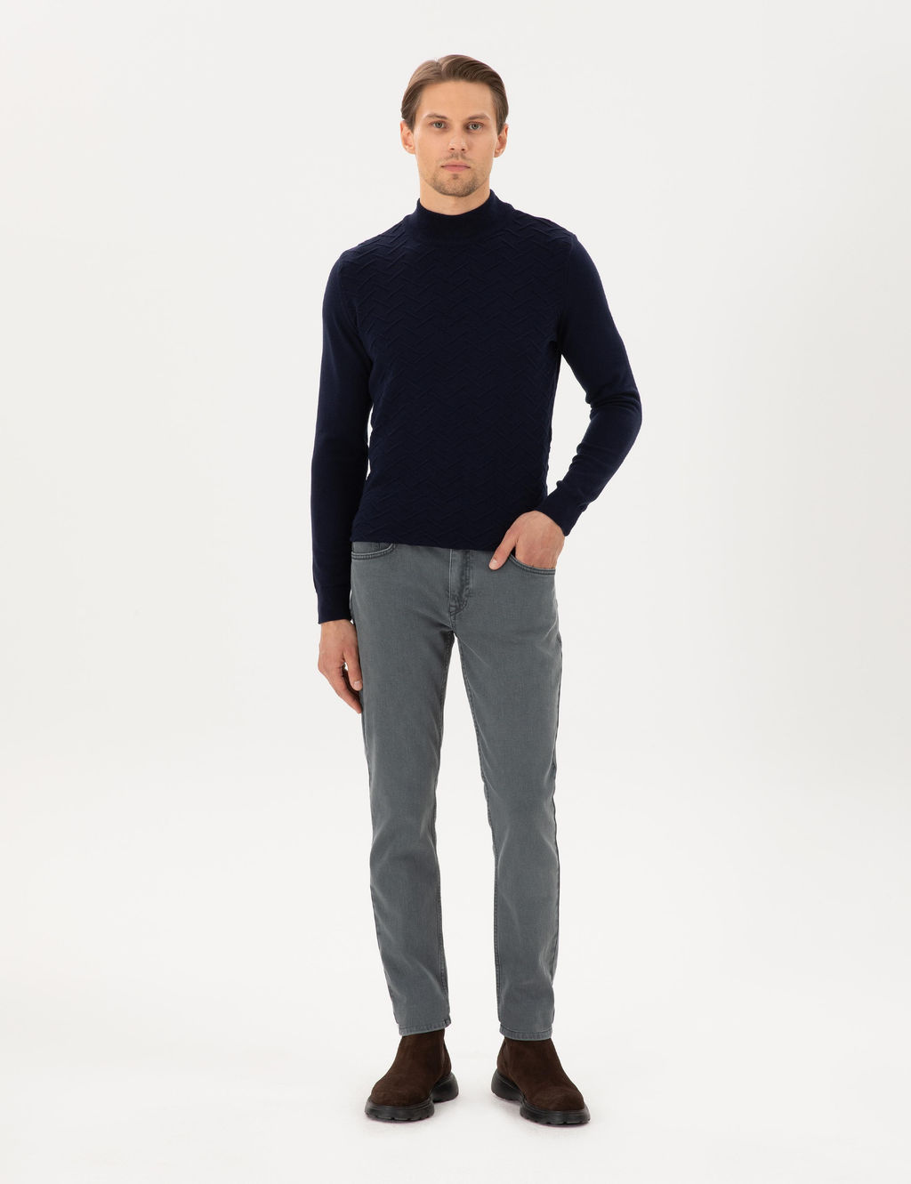 Lacivert Slim Fit Yar_m Bal_k__ Yaka Triko Kazak - Pierre cardin фото 4