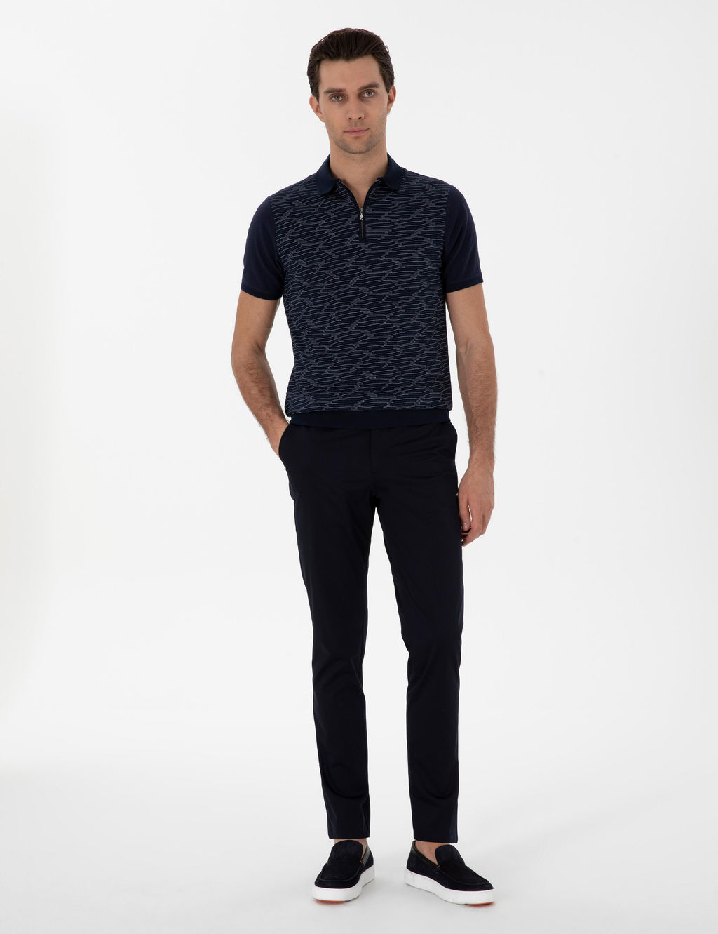Lacivert Regular Fit Fermuarl_ Polo Yaka Desenli T-shirt