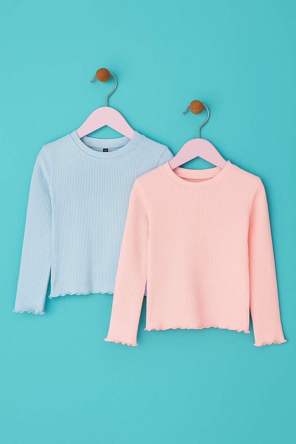 Pembe-Mavi 2li K?z Cocuk 100% Pamuk Duz Bisiklet Yaka Regular Orme T-Shirt TKDAW26TS00001 - Trendyolmilla фото 6