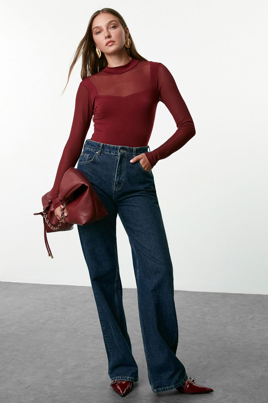 Bordo Fitted/Vucuda Oturan Tul Detayl? Uzun Kollu Dik Yaka Esnek C?tc?tl? Orme Body TWOAW24BD00049