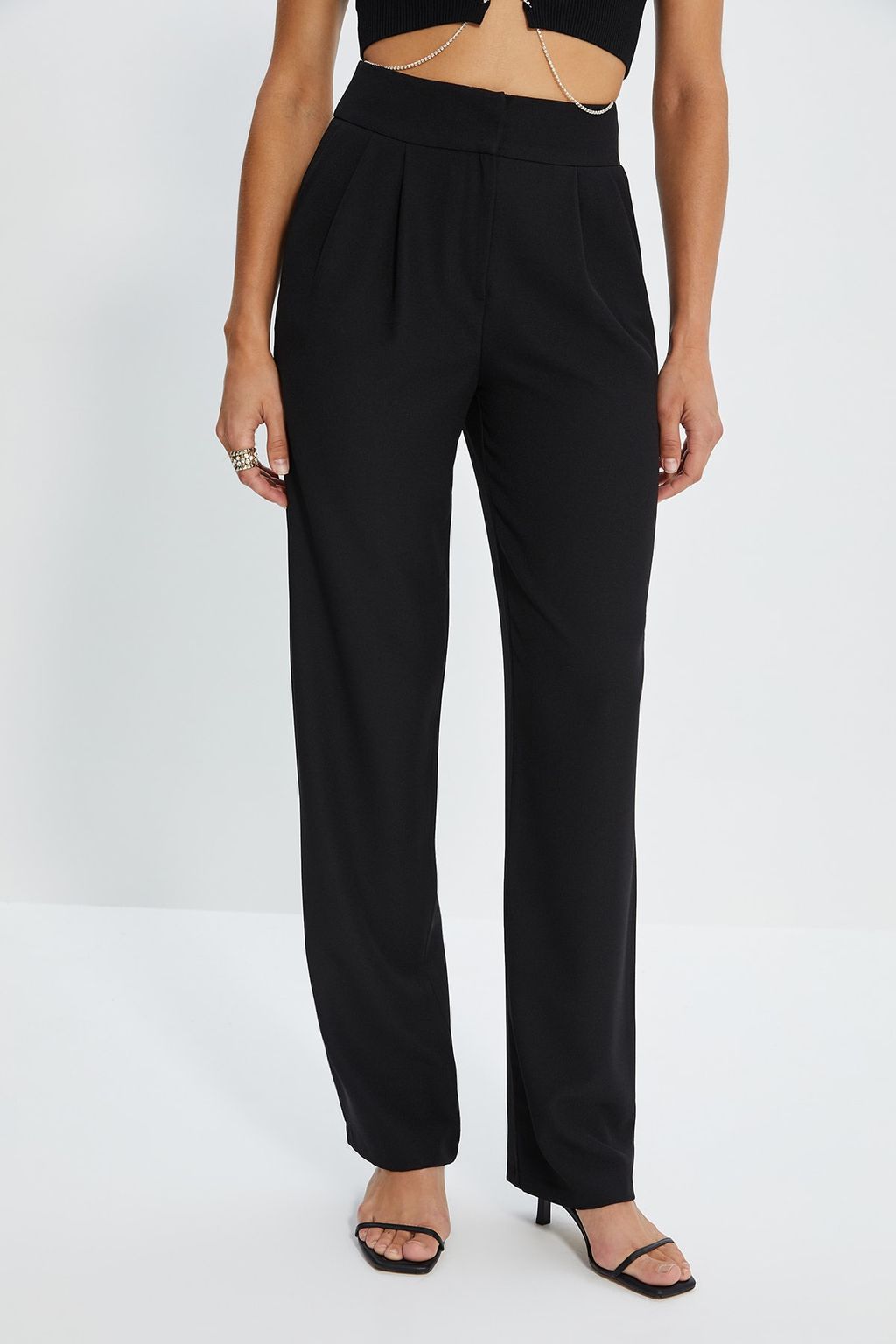 TRENDYOLMILLA Siyah Straight/Duz Kesim Pilili Dokuma Pantolon TWOSS19WX0017  фото 3
