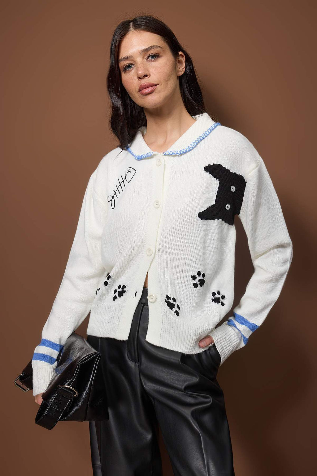 Ekru Kedi Desenli Polo Yaka Triko H?rka TWOAW26HI00302