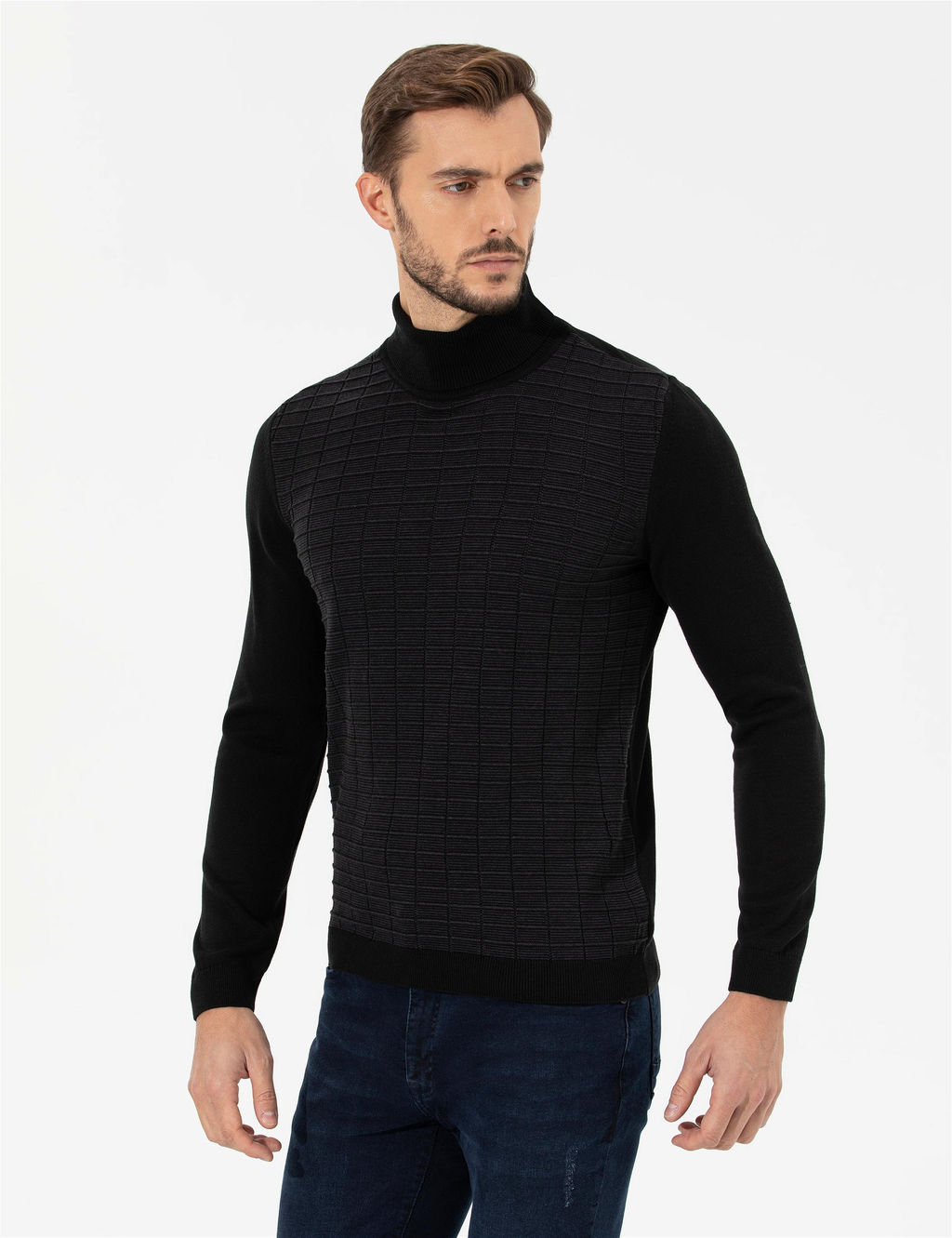 Siyah Slim Fit Bal_k__ Yaka Triko Kazak