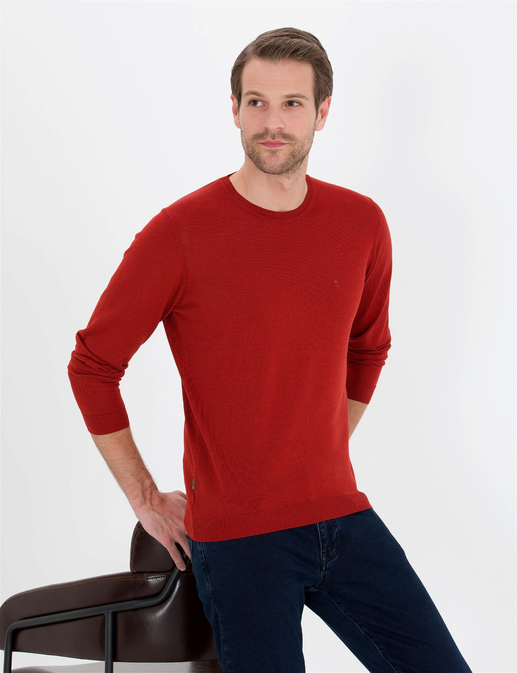 Kiremit Slim Fit Bisiklet Yaka Y_n Kar___ml_ Basic Triko Kazak