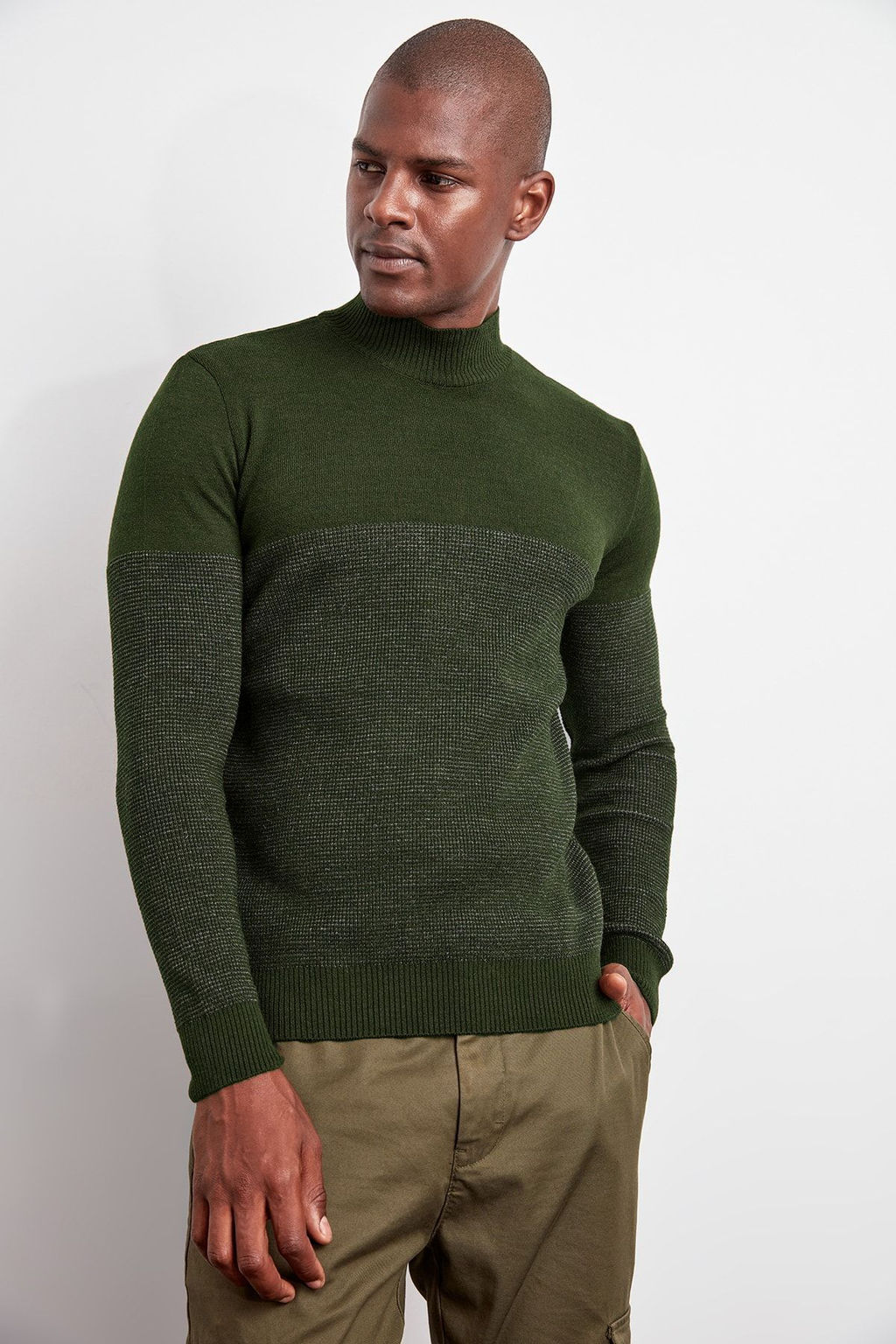 TRENDYOL MAN Haki Slim Dar Kesim Bisiklet Yaka Cizgili Triko Kazak TMNAW20LS0014 - Trendyolmilla фото 2