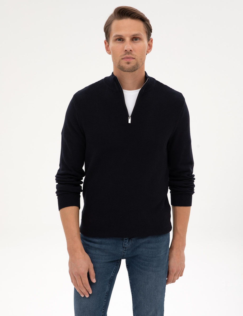 Lacivert Slim Fit Dik Yaka Fermuarl_ Triko Kazak