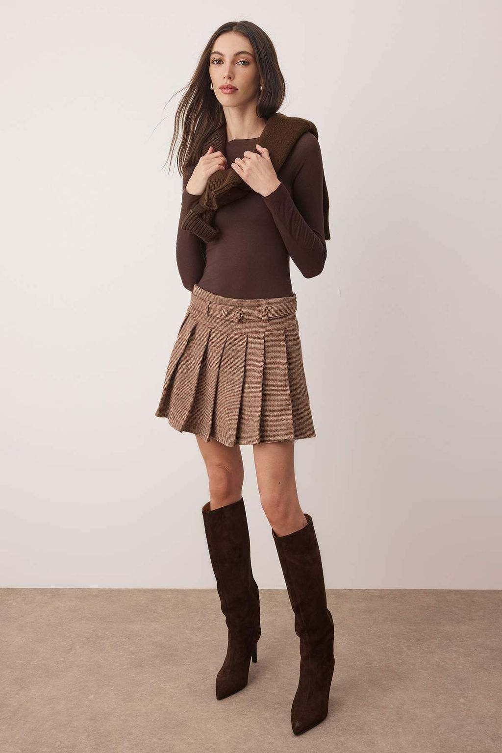 Kahverengi Ekose/Kareli Piliseli Mini Etek TWOAW26ET00014