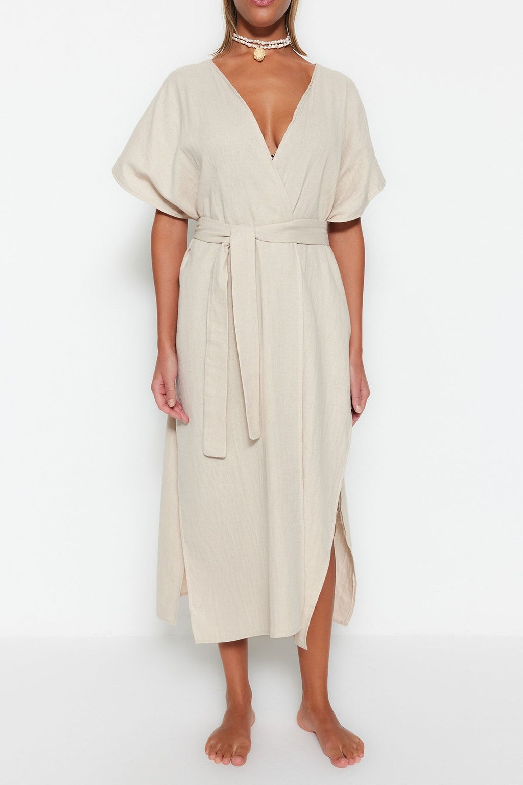 Bej Dokuma Y?rtmacl? Maxi Plaj Kusakl? Kimono&Kaftan TBESS23KM00019