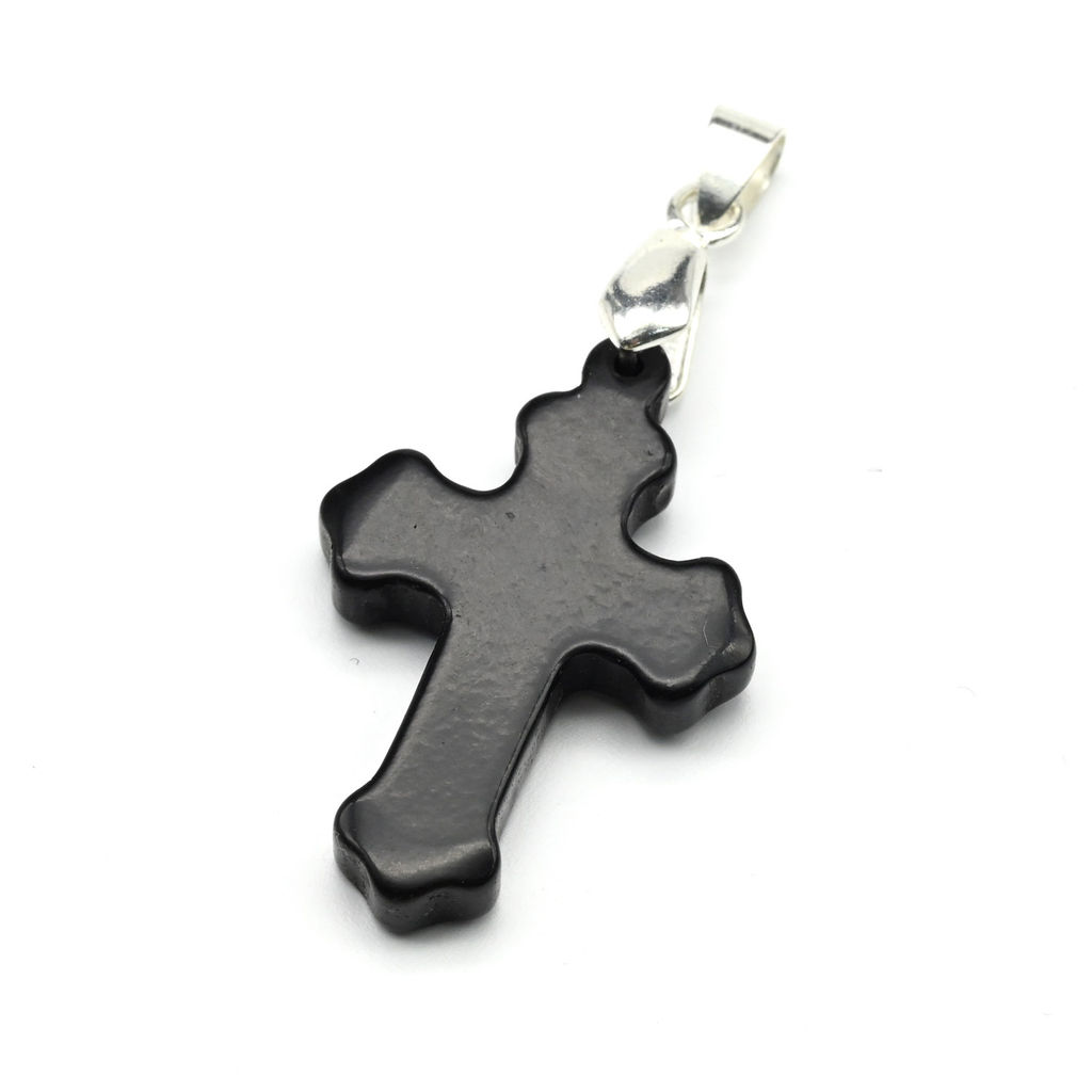 Крестик нательный из натурального черного янтаря 23*33мм Радуга камня