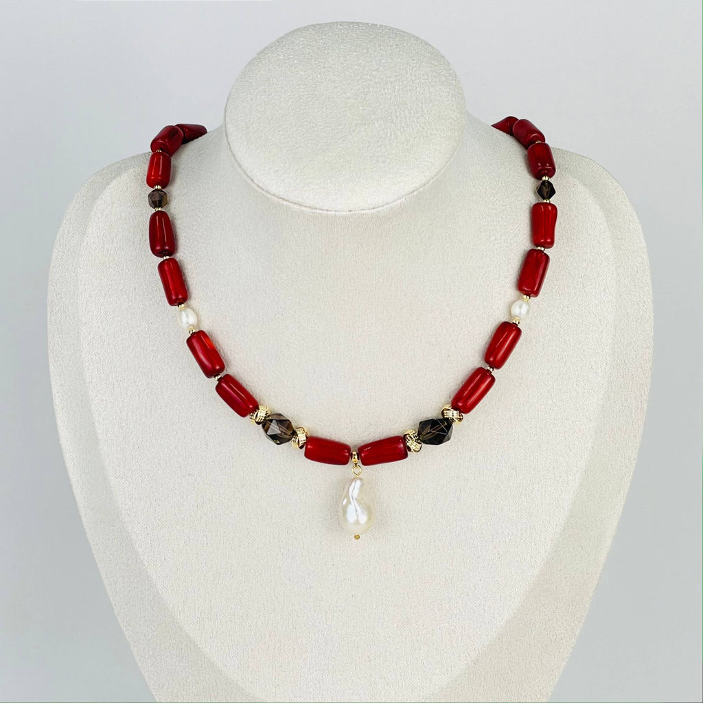Колье из Коралла, Раухтопаза и Жемчуга 40 см +