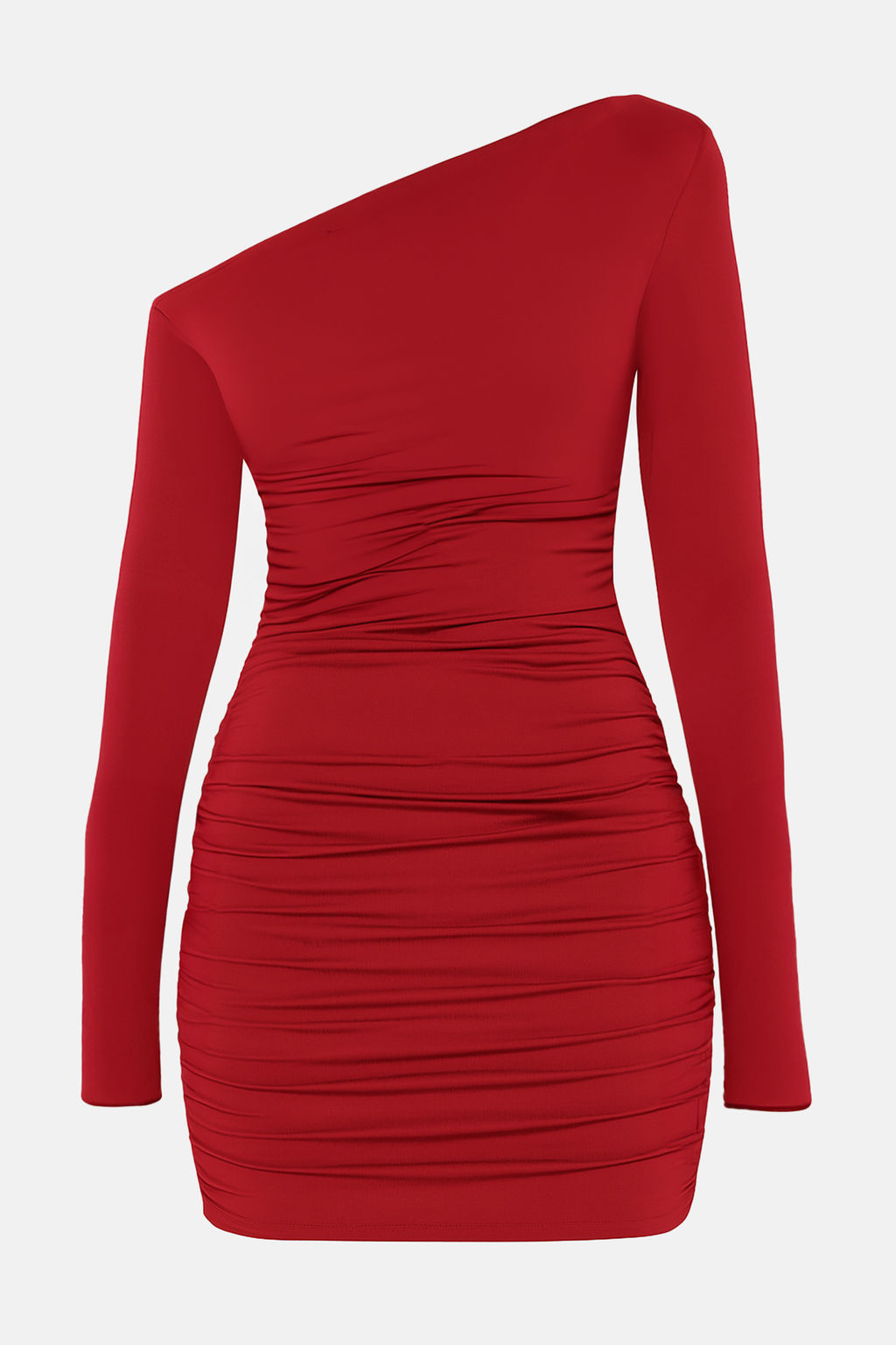 K?rm?z? Vucuda Oturan Asimetrik Yaka Orme K?sa Elbisesi TEDAW25EL00006