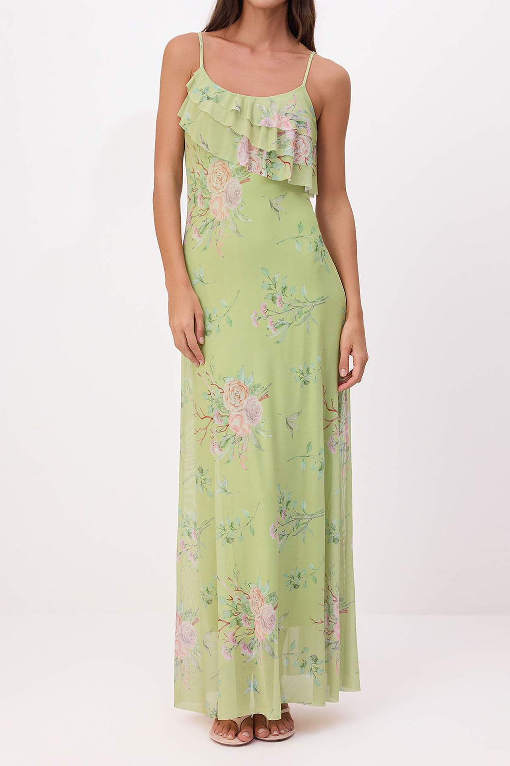 Yesil Cicekli A-Kal?p/Can Form Ince Ask?l? Volanl?/F?rf?rl? Maxi Orme Elbise TWOSS26EL00673 - Trendyolmilla фото 3