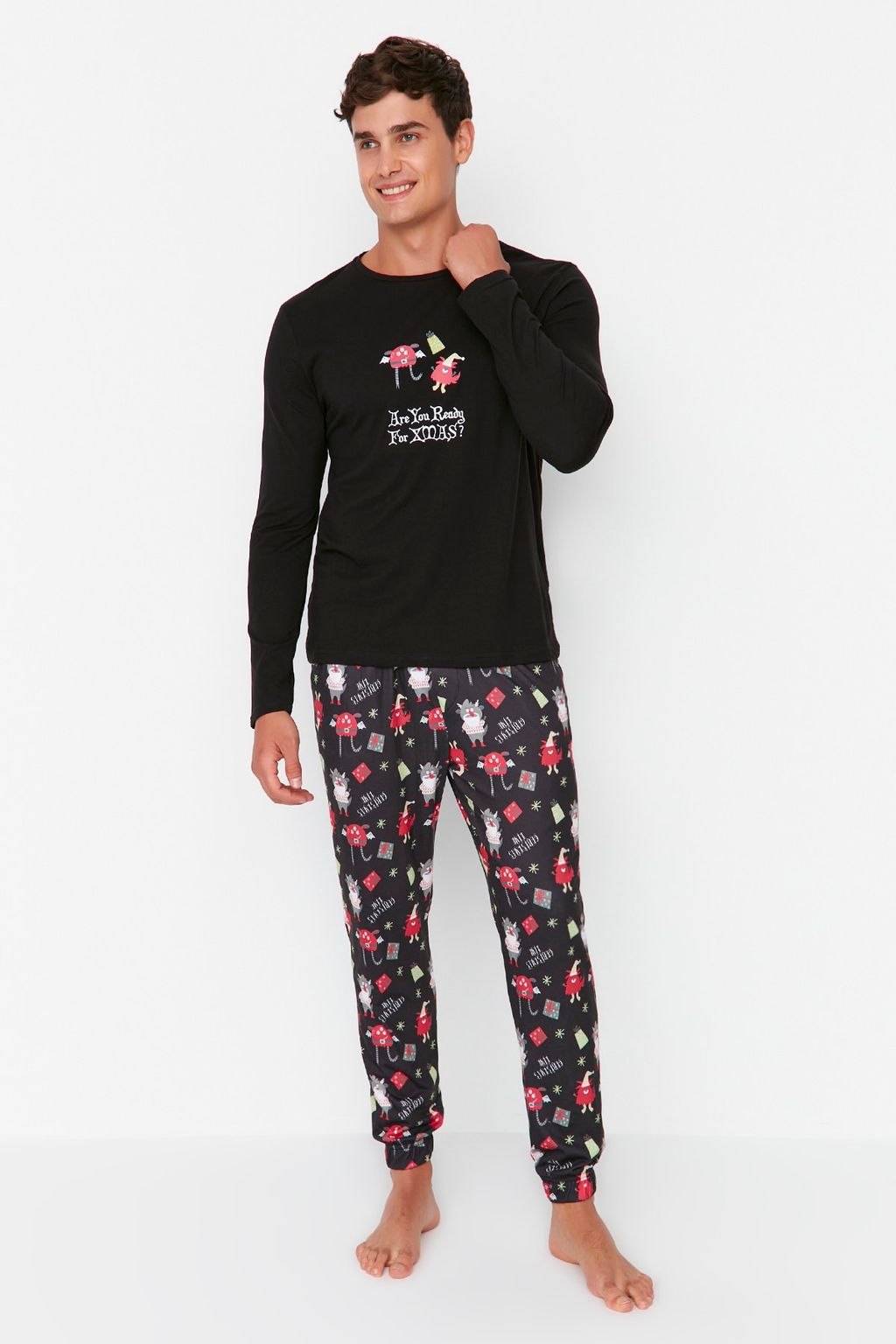 TRENDYOL MAN Siyah %100 Pamuk Bask?l? Regular Fit Orme Pijama Tak?m? TMNAW23PT00025 - Trendyolmilla фото 2