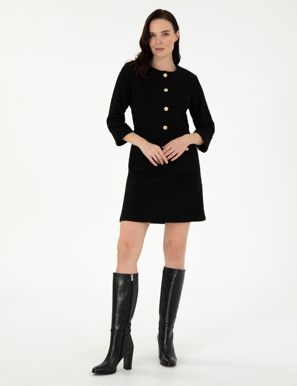 Siyah Regular Fit Dokuma Elbise