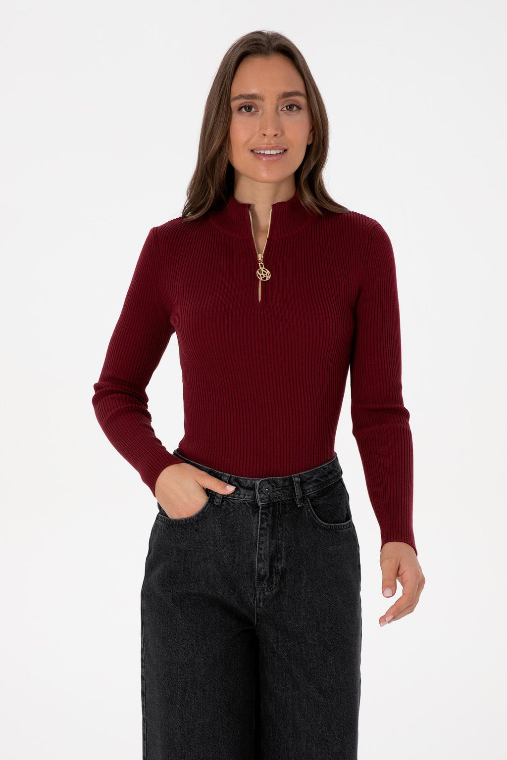 Kad_n Bordo V Yaka Fermuarl_ Kazak