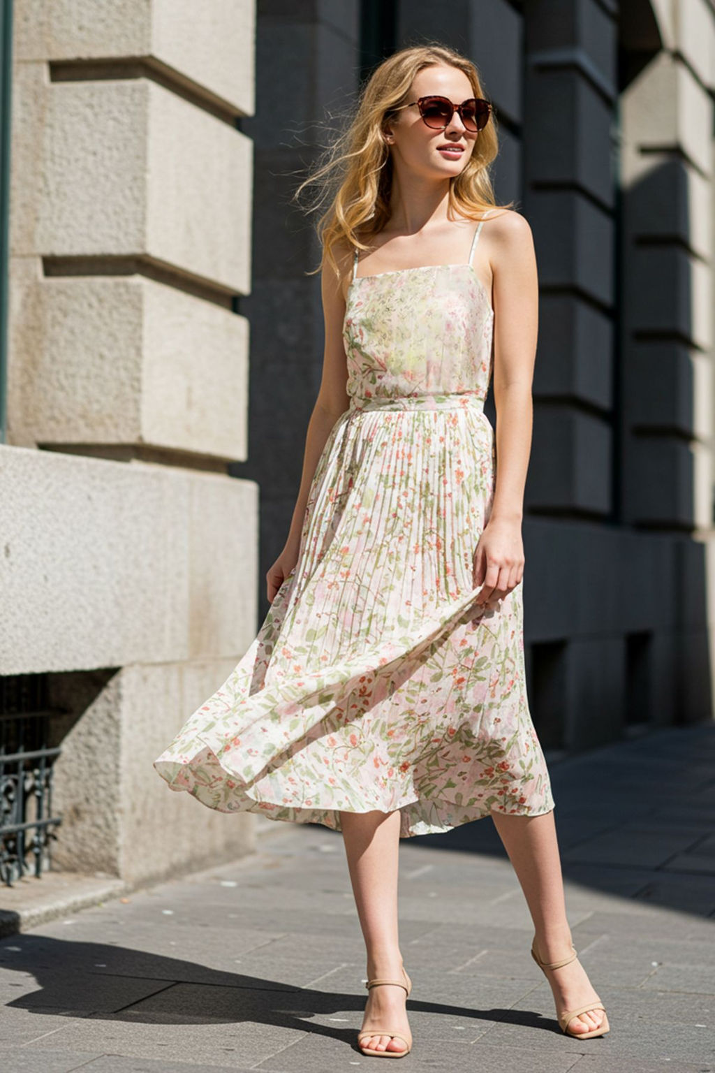 TRENDYOLMILLA Ekru Cicekli Etegi Belden Ac?lan Piliseli Midi Dokuma Elbise TWOSS25EL00581