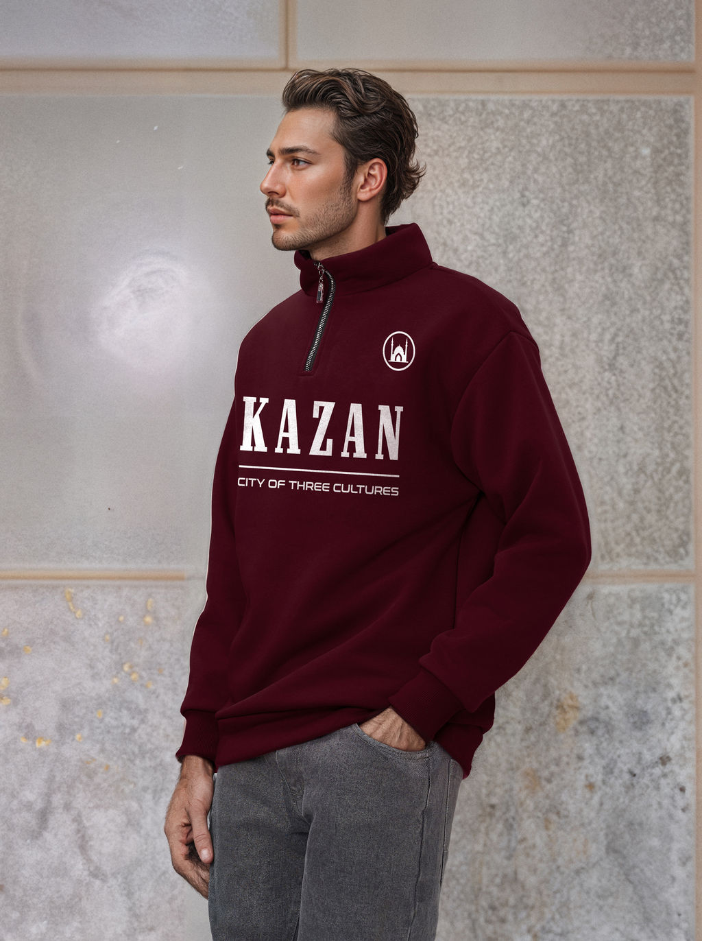 Толстовка мужская с зип-воротником "Kazan" бордо