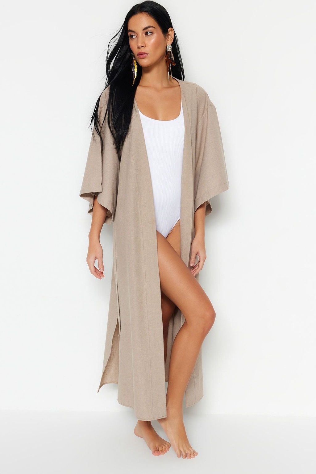 Bej Kusakl? Maxi Dokuma Keten Gorunumlu Plaj Kimono&Kaftan TBESS23KM00058 - Trendyolmilla фото 2
