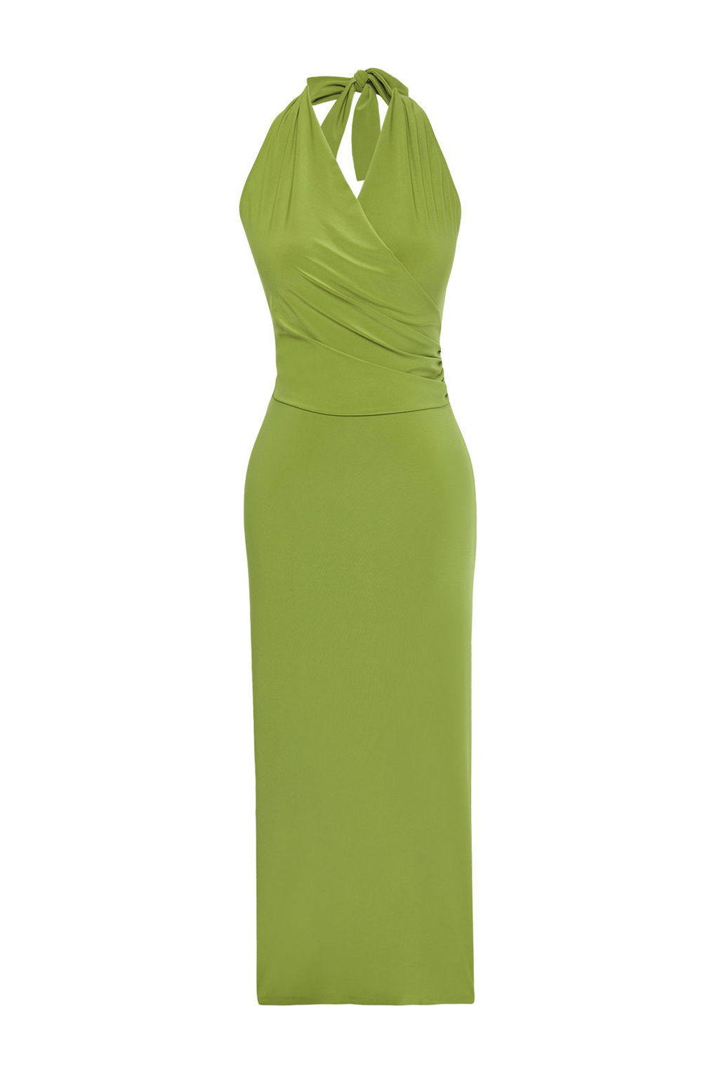 Yesil Kruvaze Baglama Detayl? V Yaka Esnek Midi Orme Elbise TWOSS25EL00479