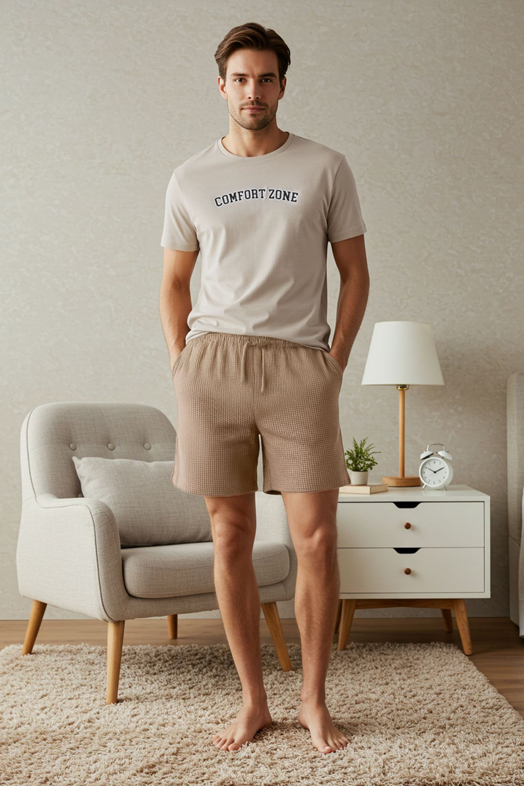 TRENDYOL MAN Bej Regular Fit Slogan Bask?l? Alt Dokulu Sortlu Orme Pijama Tak?m? TMNSS25PT00023