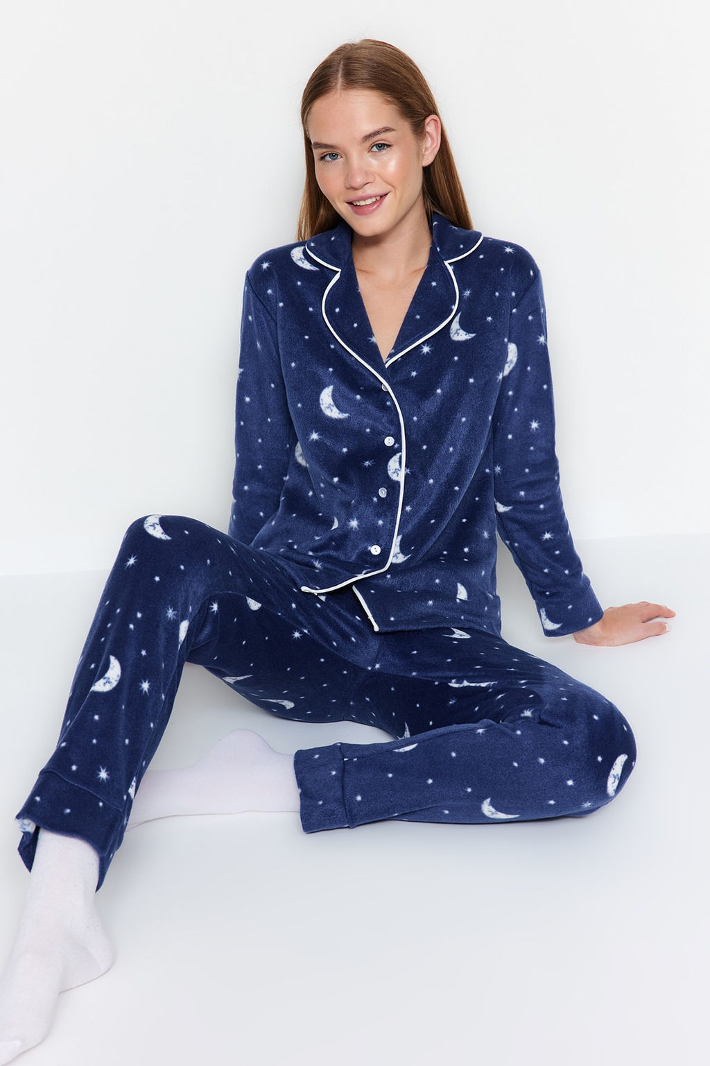 Trendyolmilla Lacivert Ay Desenli Polar K?sl?k Orme Pijama Tak?m? THMAW22PT0362  фото 2