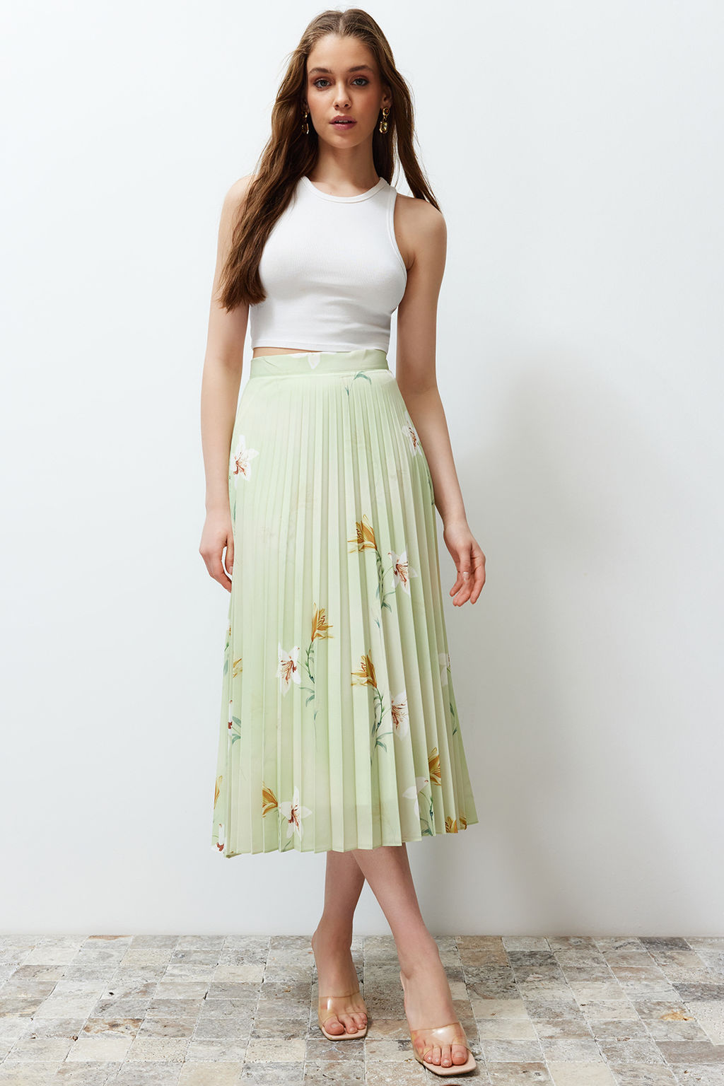 TRENDYOLMILLA Cok Renkli Cicek Desenli Pliseli Saten Kumas Maxi Boy Dokuma Etek TWOSS24ET00141 фото 3