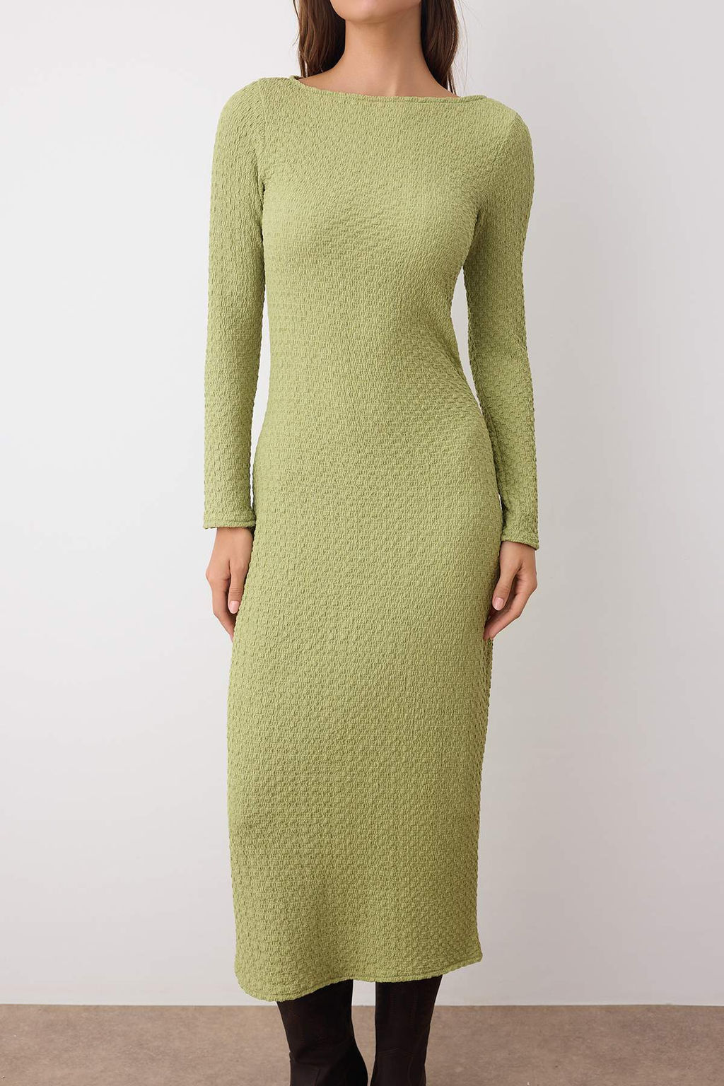 Haki Duz Dokulu Fitted/Vucuda Oturan Maxi Orme Elbise TWOAW25EL00097